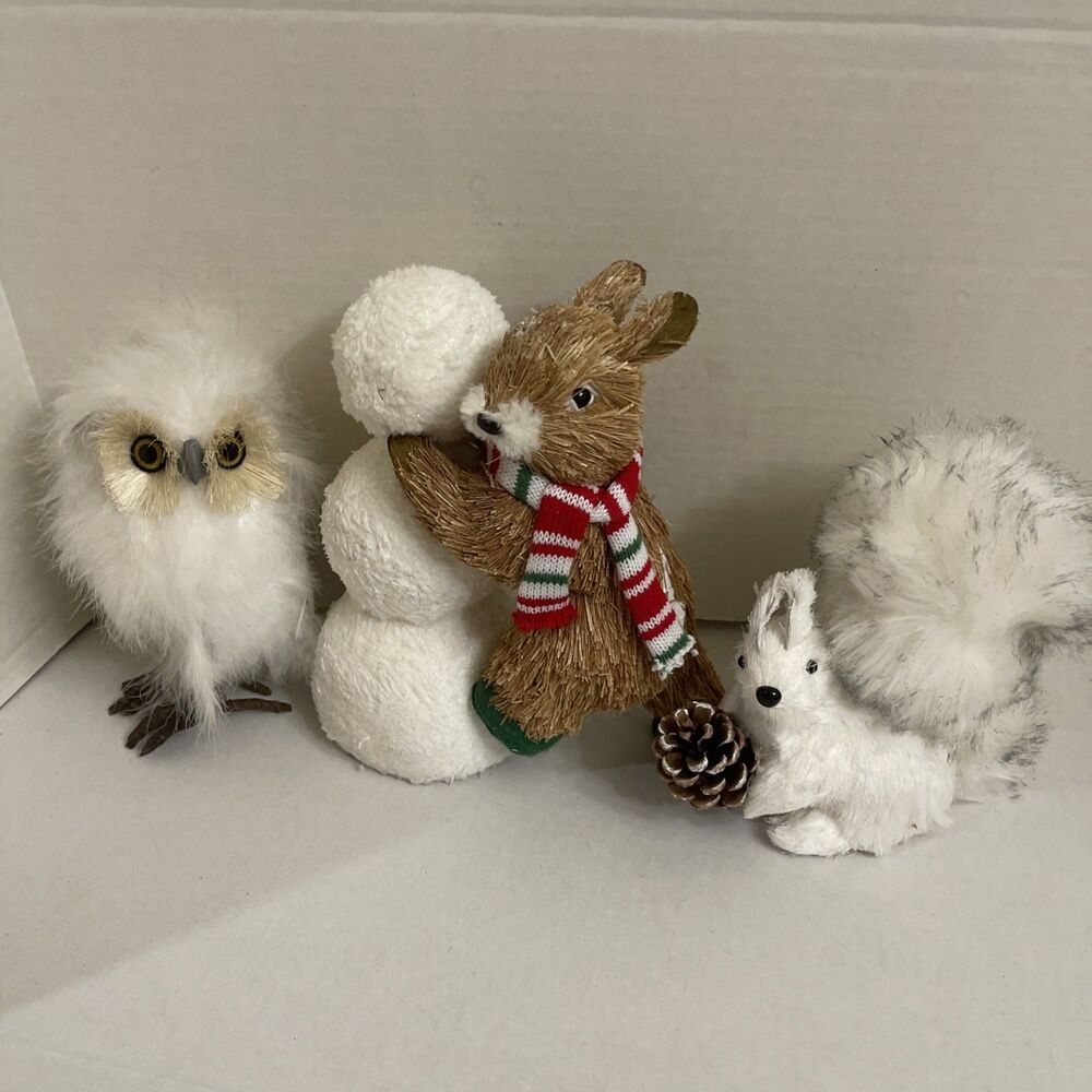 Lot Of 3 Bristle Brush Animal Figurines Winter  Snow Decoration Christmas Vtg